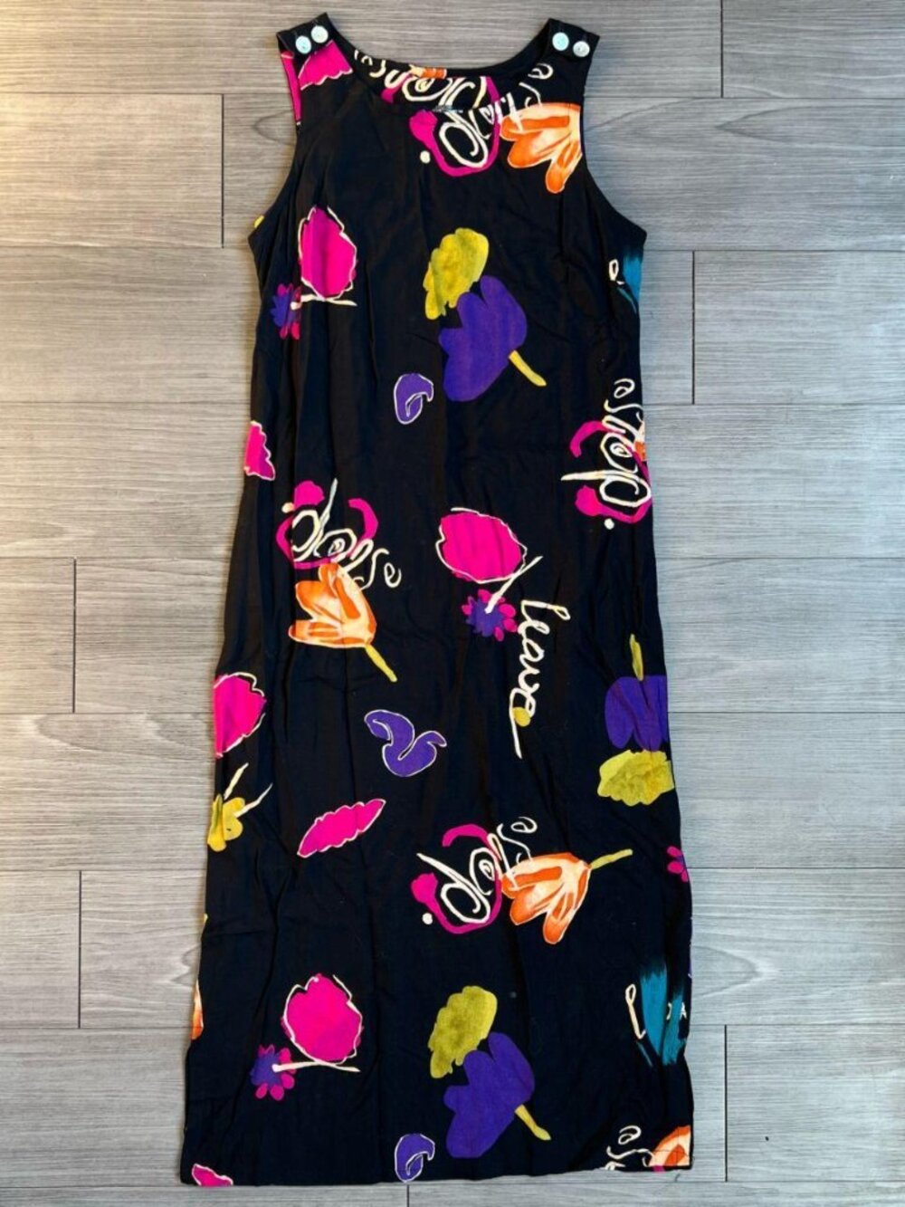 90s Black Abstract Floral Shift Midi Dress Dressing Clio Vintage Size S